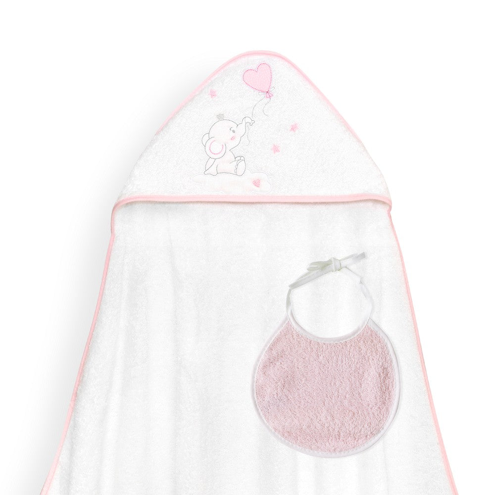 Toalha de banho 100X100 + Babete Globo Corazón Rosa Interbaby