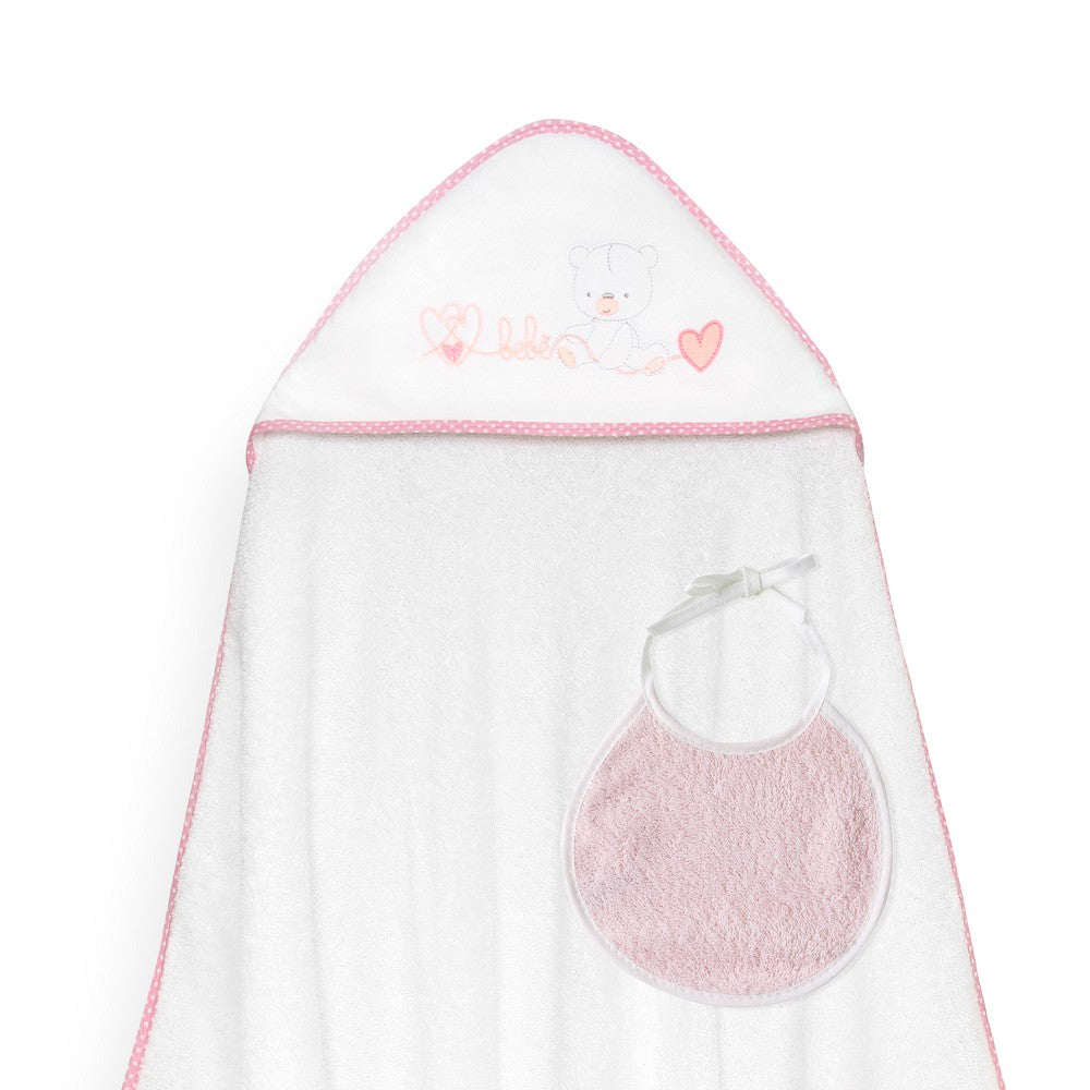 Toalha de banho 100X100 + Babete Corazones Bebe Osito Rosa Interbaby