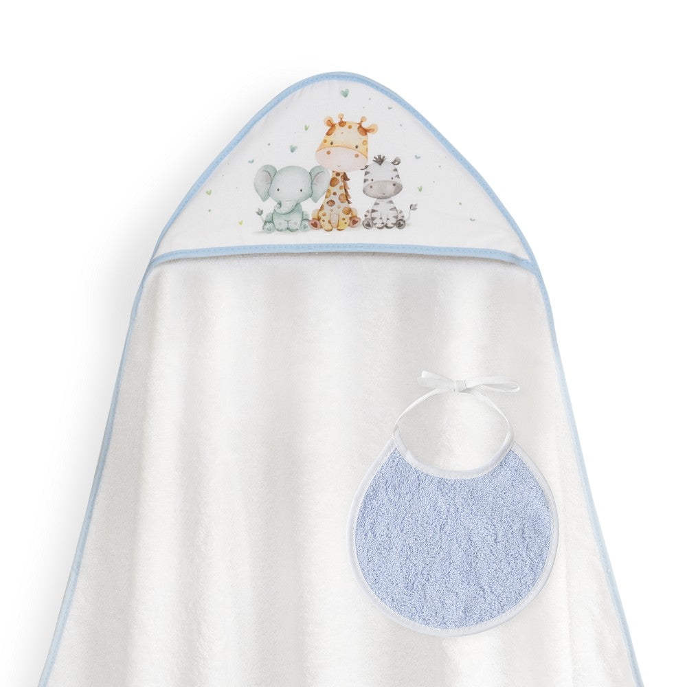Toalha de banho 100X100 + Babete Jirafa Elefante Azul Interbaby