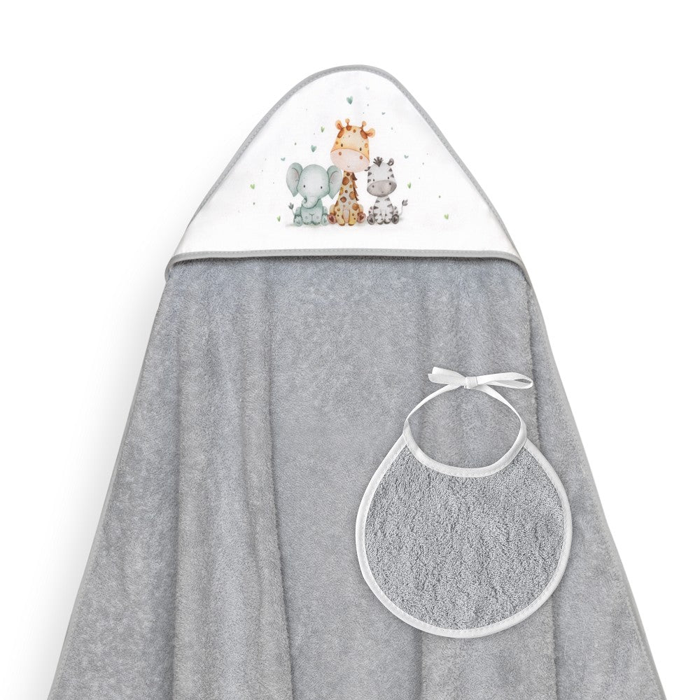 Toalha de banho 100X100 + Babete Jirafa Elefante Cinza Interbaby