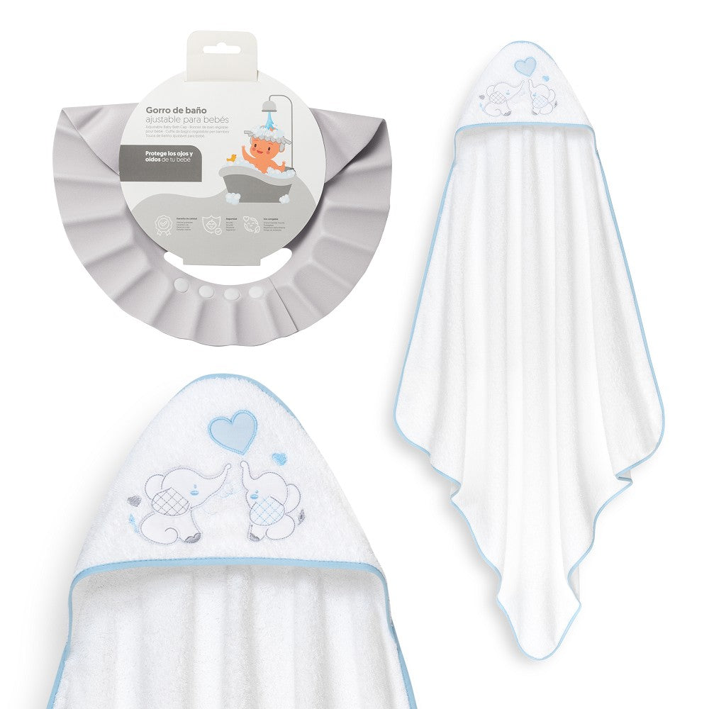 Conjunto banho Elefante + Gorro anti-água Branco/Azul Interbaby