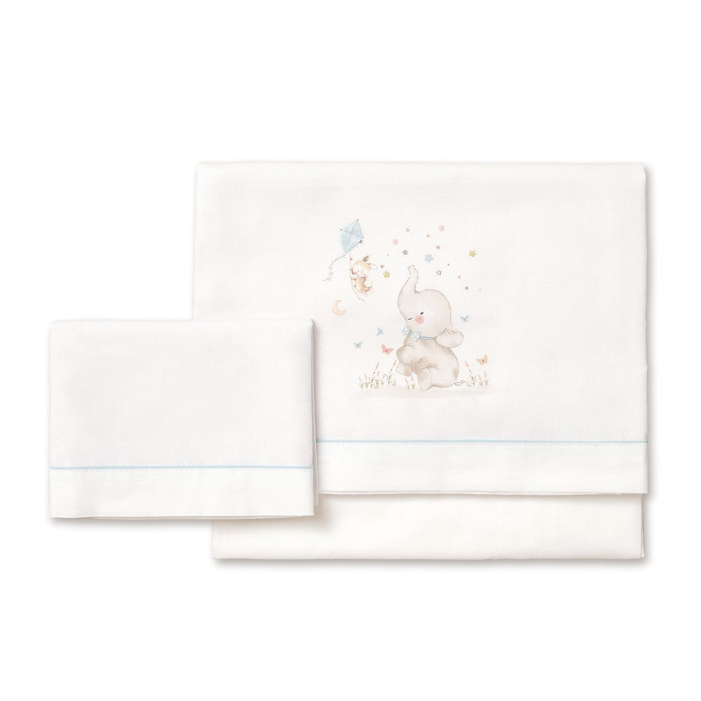 Jogo 3Pcs Cadeira Passeio(Lençol106X72+Lençol.80X40X7+Almofada38X25+Chupetera)Algodão Elefante Azul Interbaby