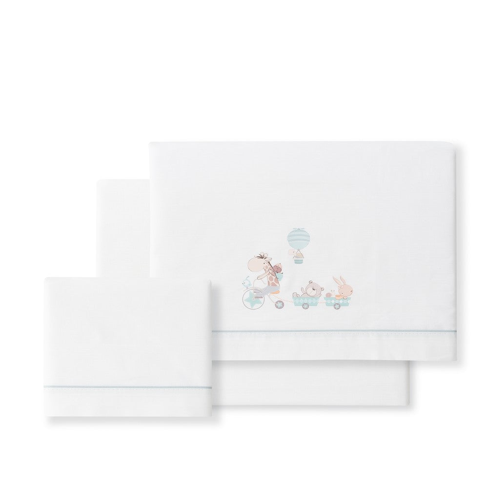 Jogo 3Pcs Cadeira Passeio(Lençol106X72+Lençol B.80X40X7+Almofada38X25+Chupetera)Algodão Jirafa Verde Interbaby