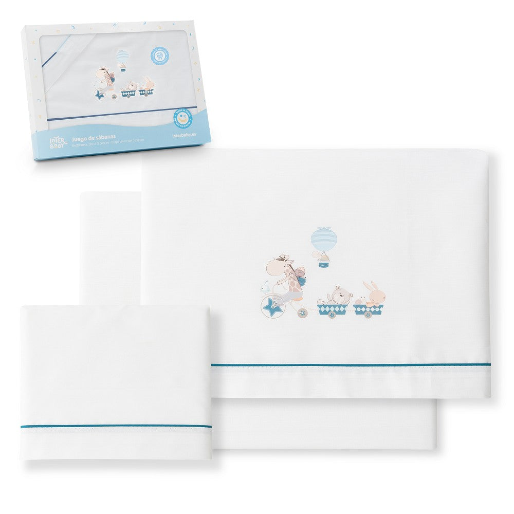 Jogo 3Pcs Cadeira Passeio(Lençol106X72+Lençol B.80X40X7+Almofada38X25+Chupeter)Algodão Jirafa Petrol Interbaby