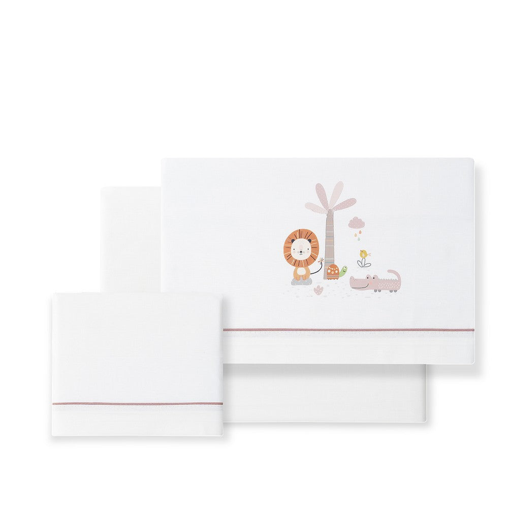 Jogo 3Pcs Cadeira Passeio(Lençol106X72+Lençol.80X40X7+Almofada38X25+Chupetera)Algodão Leon Rosaesc. Interbaby