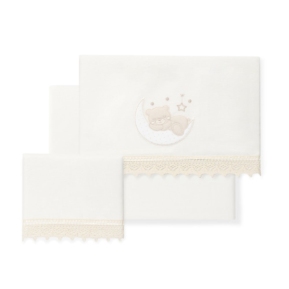 Jogo 3Pcs Cadeira Passeio(Lençol106X72+Lençol B.80X40X7+Almofada38X25)Algodão Oso Luna Bege Interbaby