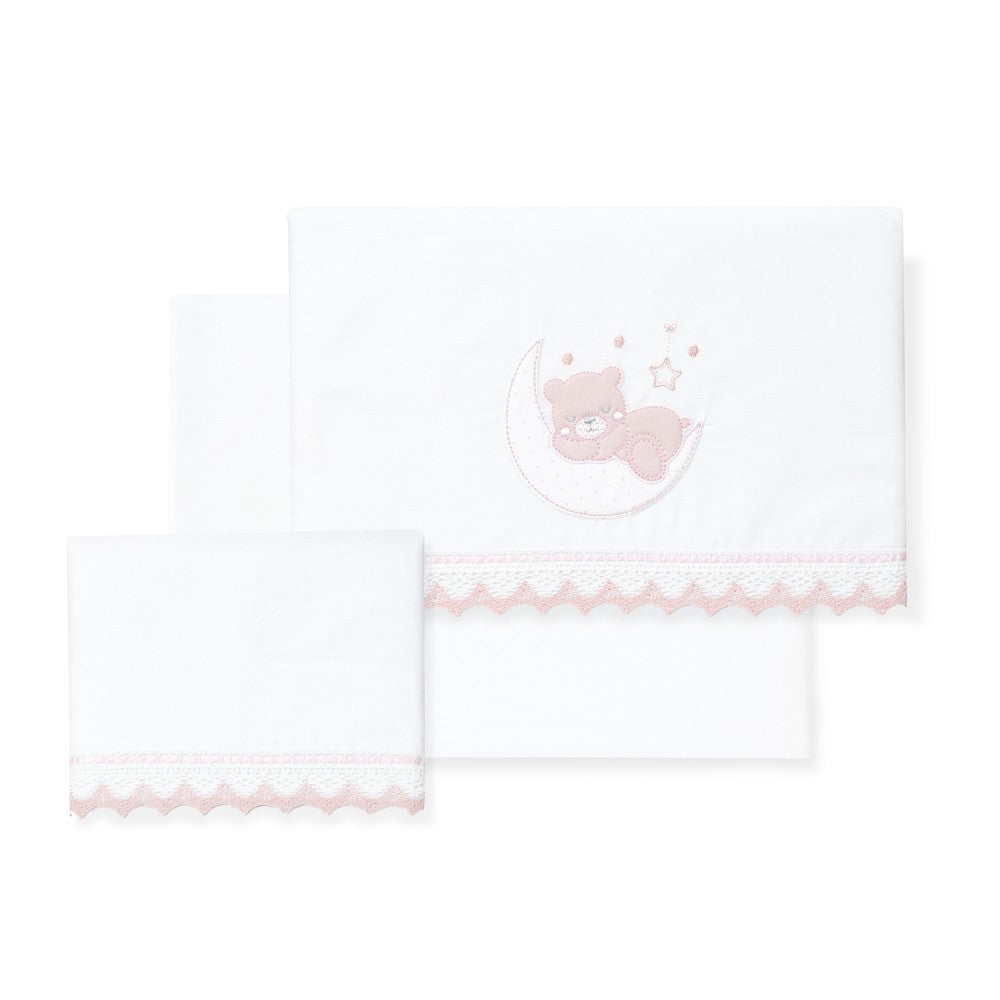 Jogo 3Pcs Cadeira Passeio(Lençol106X72+Lençol B.80X40X7+Almofada38X25)Algodão Oso Luna Rosa Interbaby