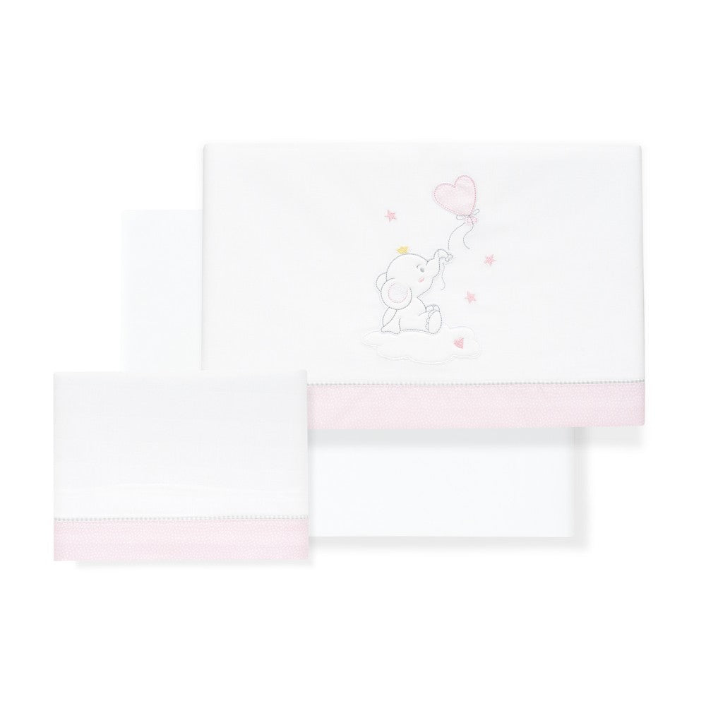 Jogo 3Pcs Cadeira Passeio(Lençol106X72+Lençol B.80X40X7+Almofada38X25)Algodão Elefante Rosa Interbaby
