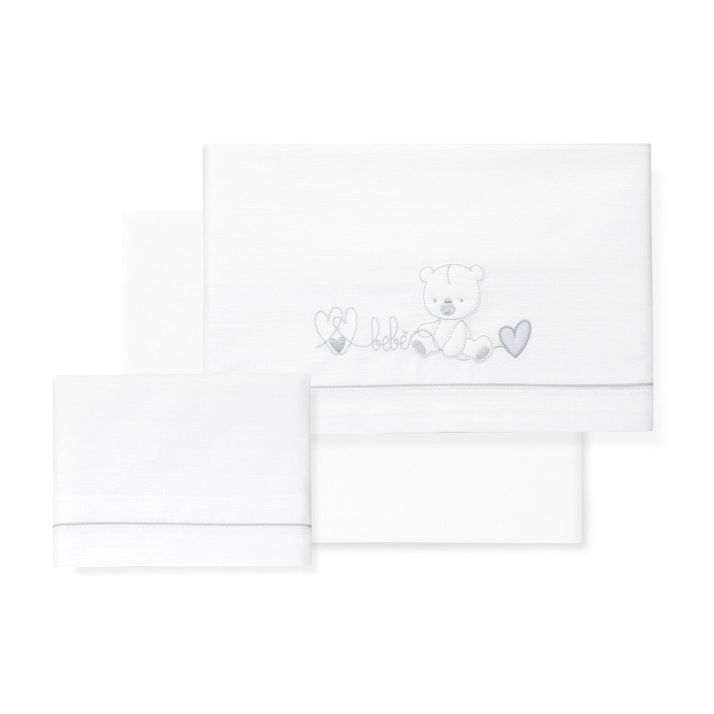 Jogo 3Pcs Cadeira Passeio(Lençol106X72+Lençol B.80X40X7+Almofada38X25)Algodão Corazon Oso Cinza Interbaby