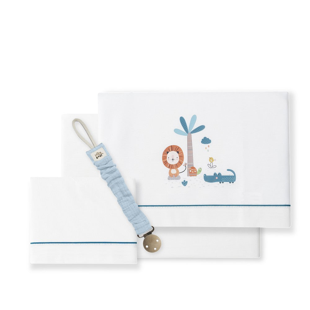 Jogo 3Pcs Cama60X120(Lençol152X102+Lençol B.120X60X12+Almofada60X30+Chupetera)Algodão Leon Petrola Interbaby