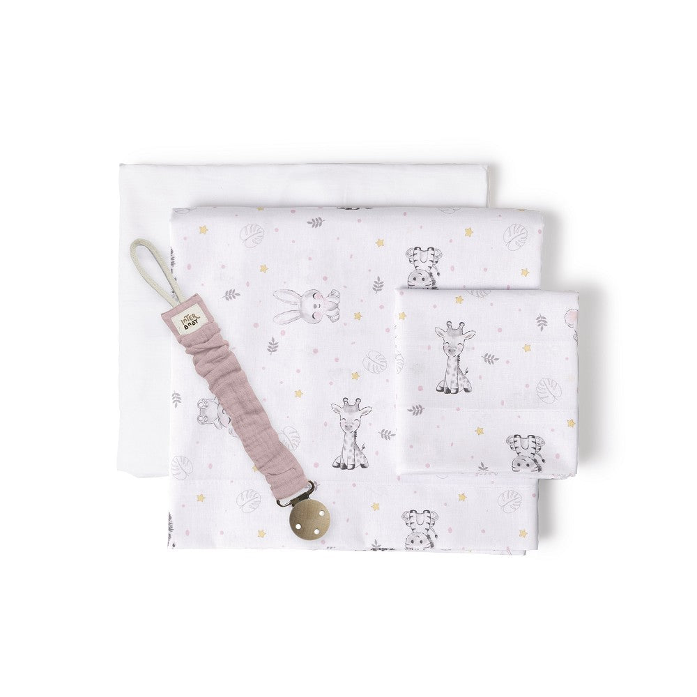 Jogo 3Pcs Cama60X120(Lençol152X102+Lençol B.120X60X12+Almofada60X30+Chupetera)Algodão Koala Rosa Interbaby
