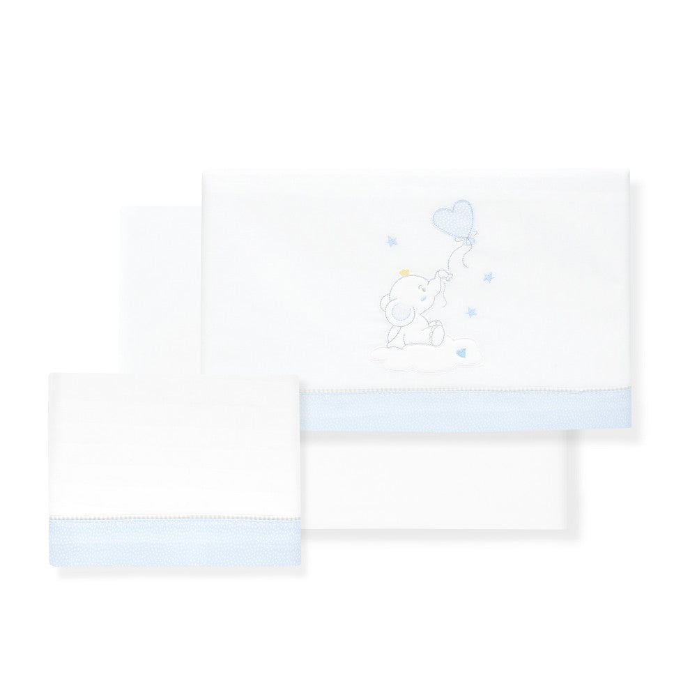 Jogo 3Pcs Berço(Lençol106X82+Lençol Colchão85X55X9+Almofada50X30) Algodão Elefante Globo Azul Interbaby