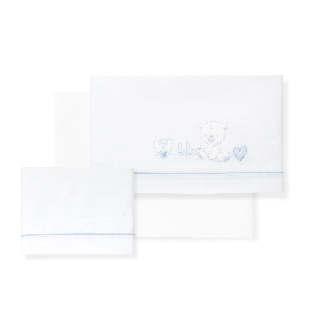 Jogo 3Pcs Berço(Lençol106X82+Lençol Colchão85X55X9+Almofada50X30) Algodão Corazon Oso Azul Interbaby