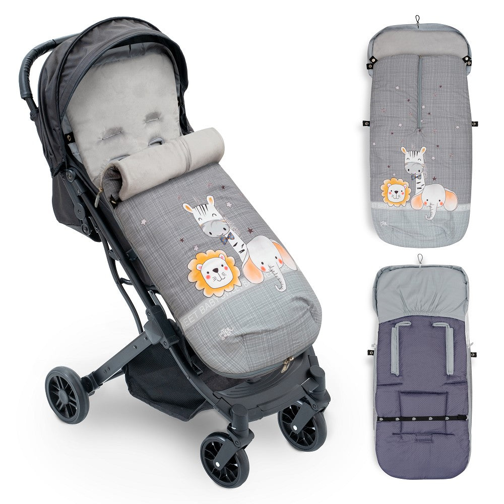 Saco Universal Para Carrinho de passeio Impermeável 46X105 Cms Coralina Animalitos Cinza Interbaby
