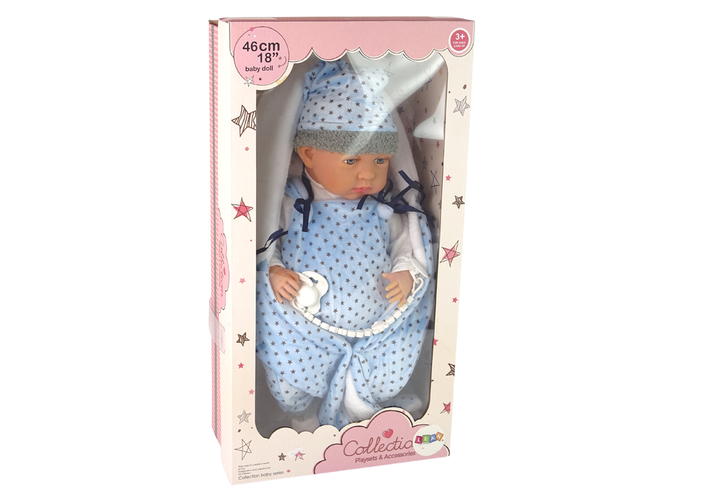 Boneco bebé 46 cm chupeta manta azul