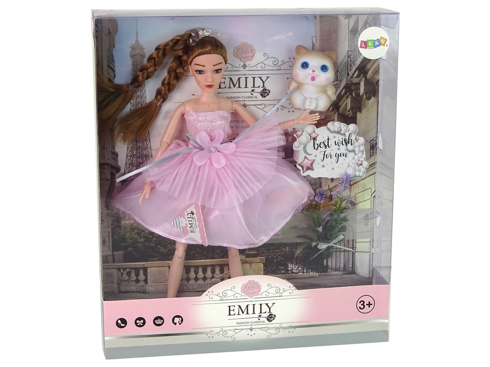Boneca Emily com tranças, gato e flores