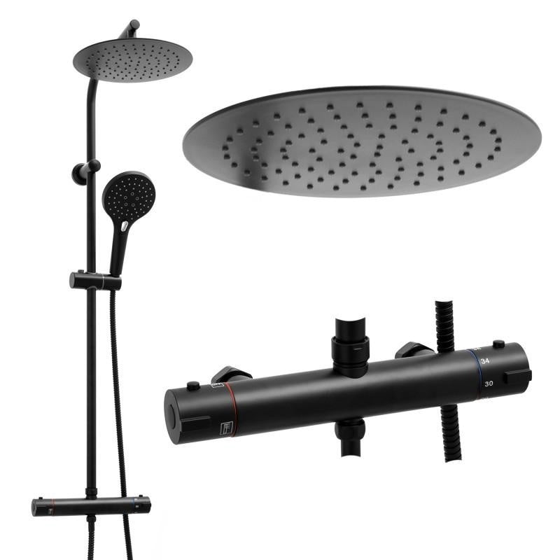 Conjunto de duche com termostato e chuveiro 25 cm preto