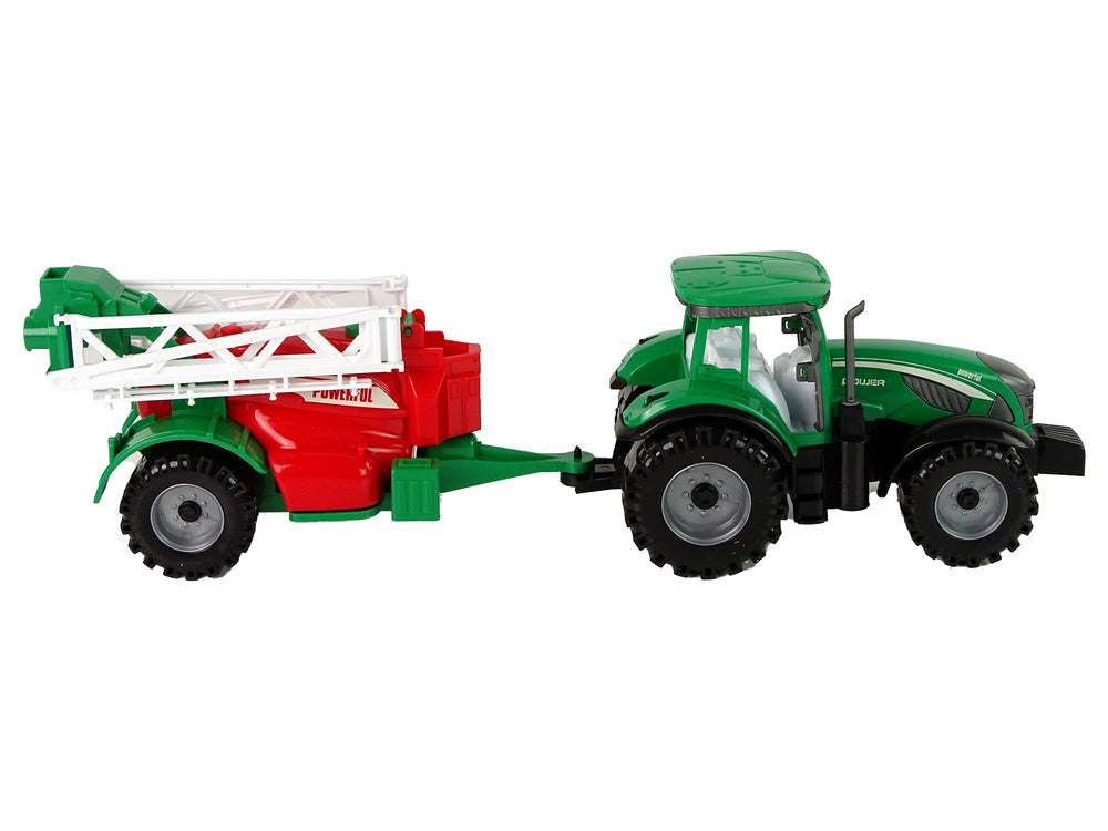 Trator agrícola verde com pulverizador vermelho e verde de fricção