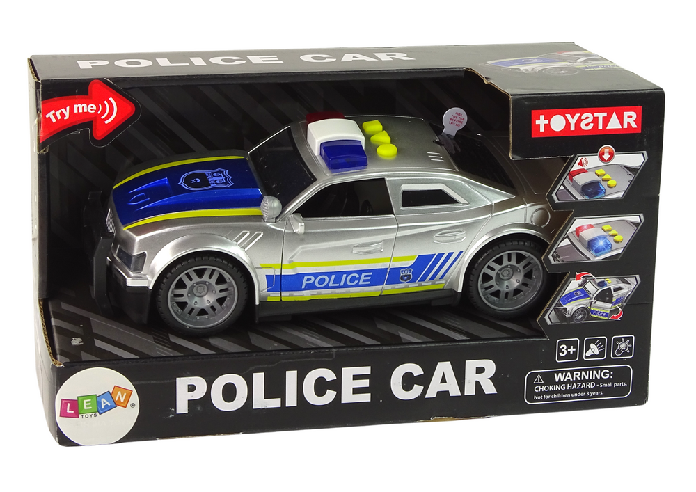Carro polícia prateado 1:14 com luzes e sons