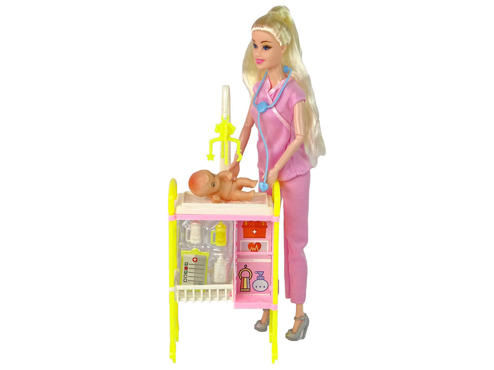 Boneca Médica Loira Uniforme Rosa e Berço de Bebé