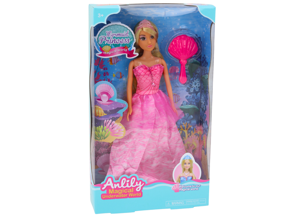 Boneca princesa sereia Anlily rosa com escova