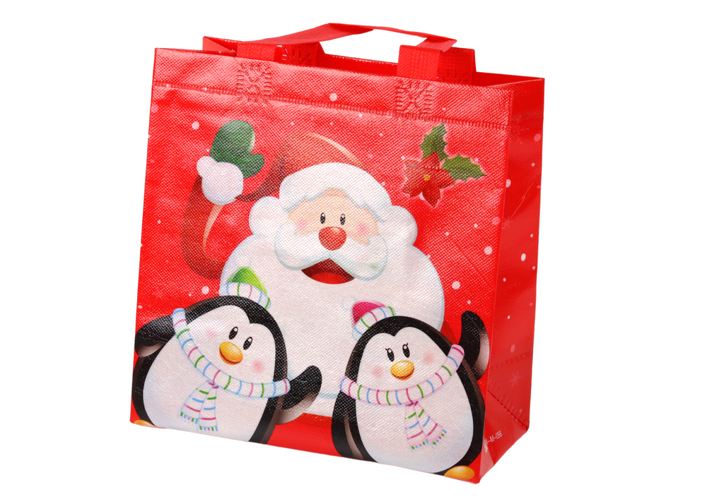 Saco de Presente Pai Natal e Pinguins Vermelho 22x22x11cm