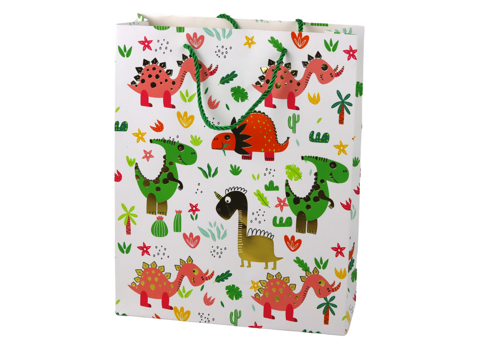 Saco de Papel de Presente Dinossauros e Palmeiras Multicolor 32x26x10cm