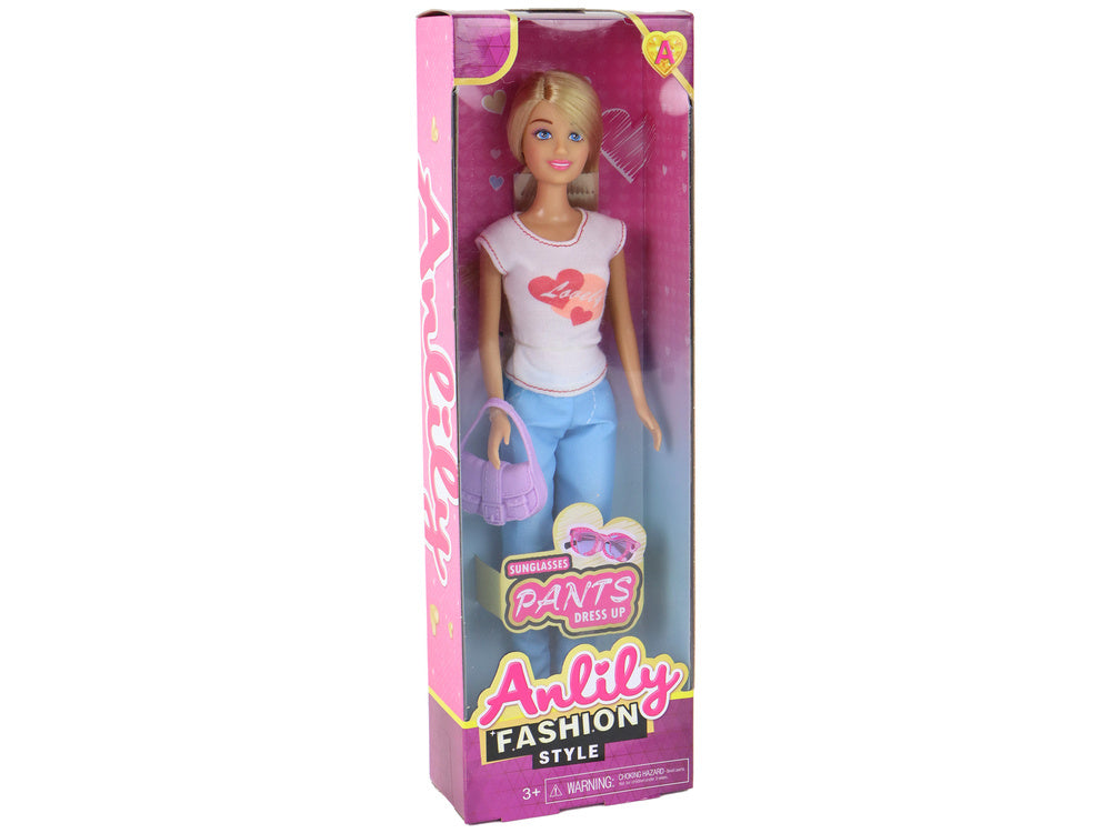 Boneca Anlily Cabelo Loiro Comprido com Mala Óculos e Blusa Branca