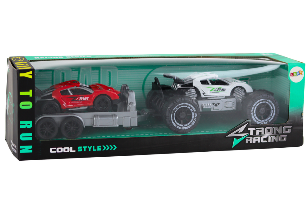 Conjunto carro todo-o-terreno branco carro desportivo vermelho e reboque