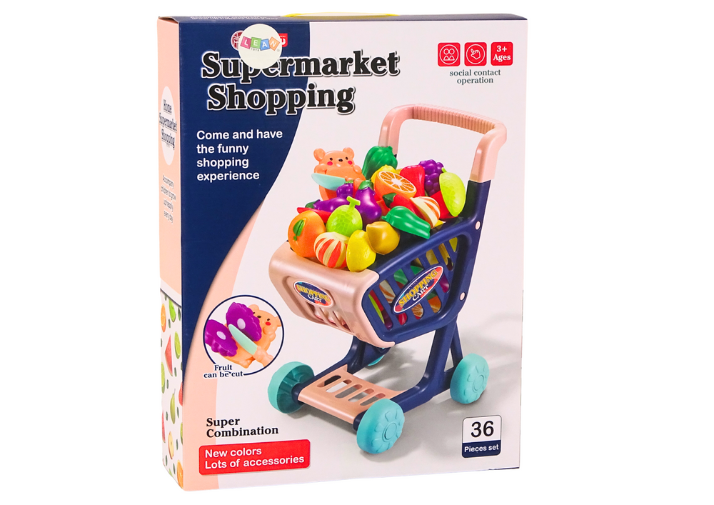 Carrinho compras infantil com alimentos para cortar azul