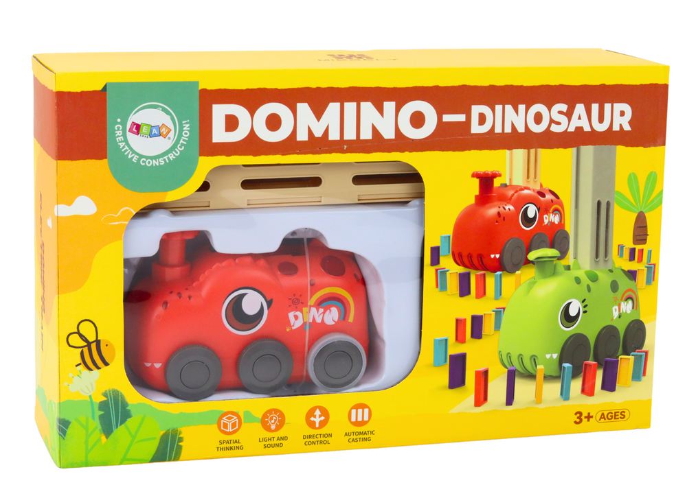 Carro dinossauro a pilhas com dominós vermelho