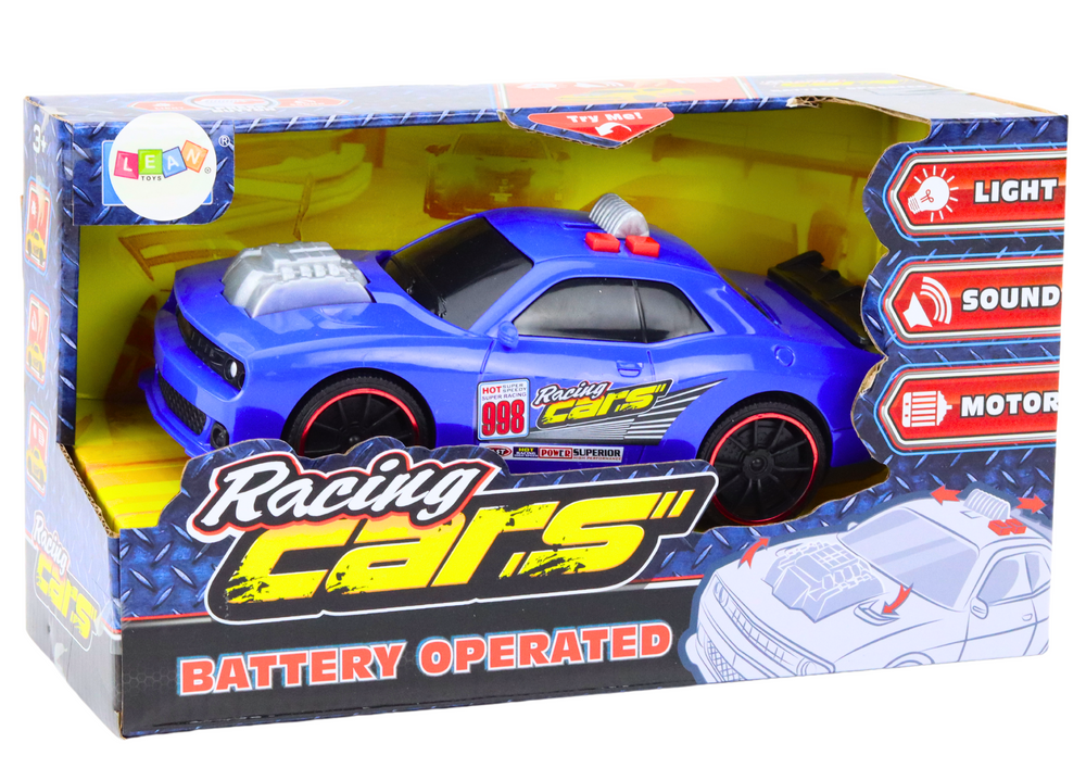 Carro corrida azul luz som motor abrir
