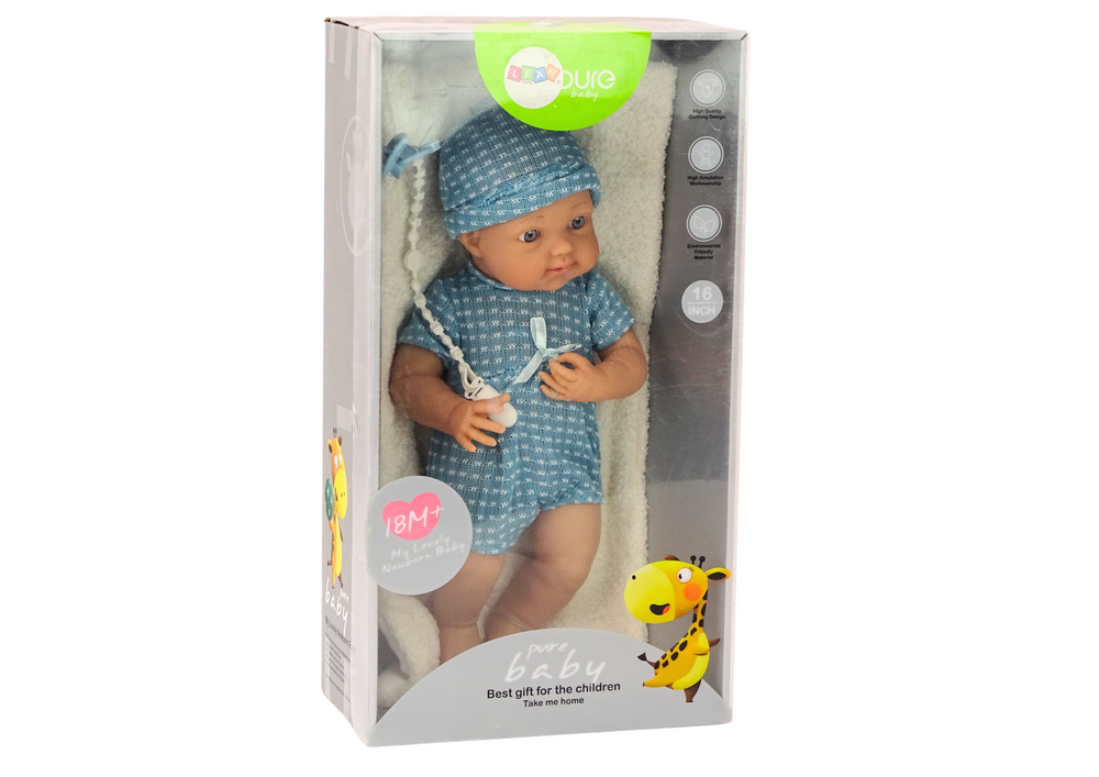 Boneca bebé roupa azul chapéu chupeta manta