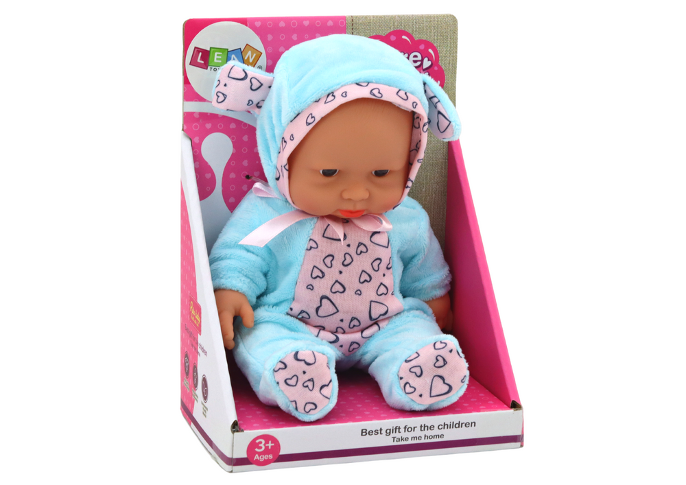Boneca bebé pequena roupa azul laço orelhas