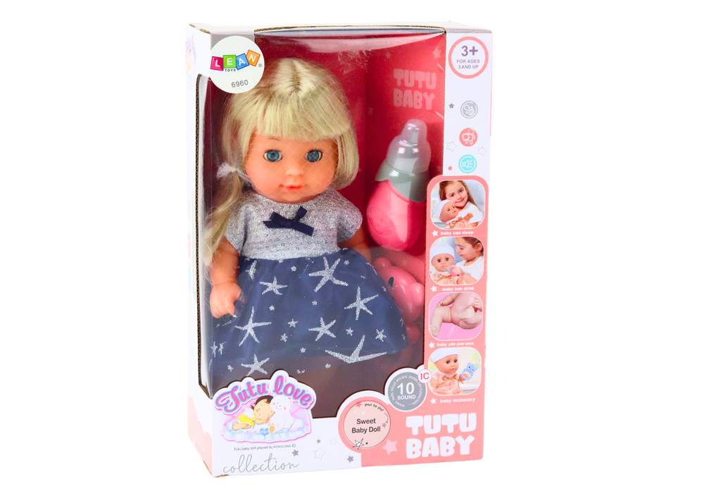 Boneca vestido azul escuro com xixi e chocalho som