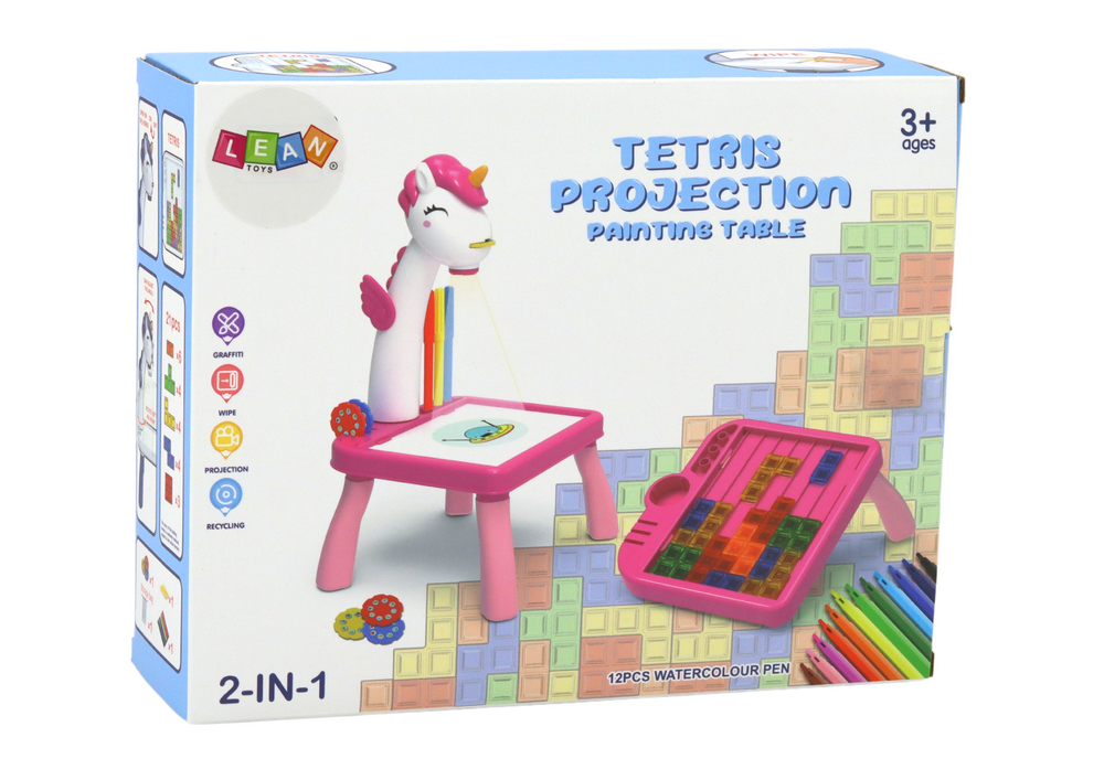Mini projetor Tetris de mesa 2 em 1 unicórnio azul
