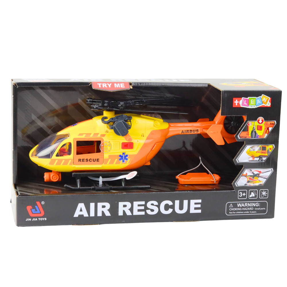 Helicóptero de resgate laranja com gancho, maca, luzes e sons 1:12
