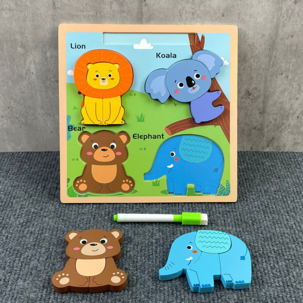 Quadro puzzle 2 em 1 de madeira animais selvagens com marcador