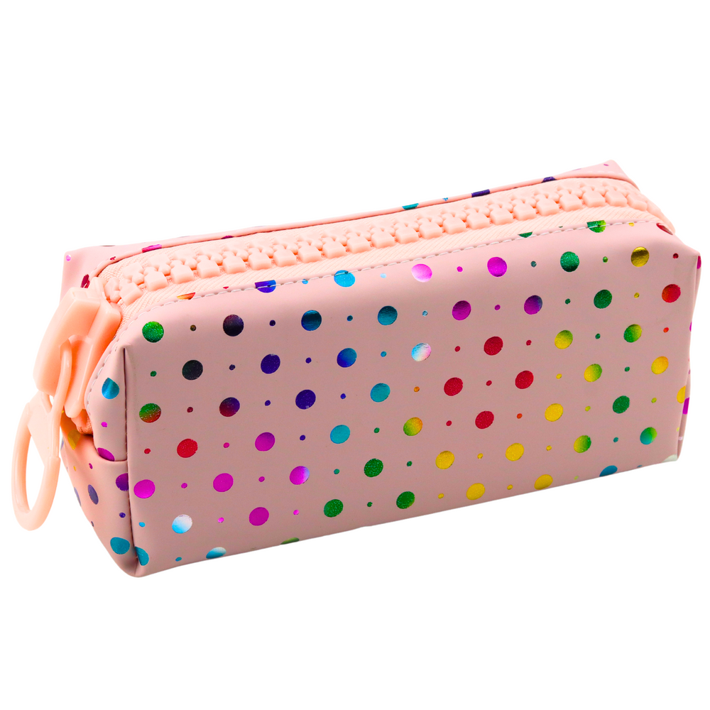 Estojo escolar bolas coloridas fecho rosa 21x8 cm