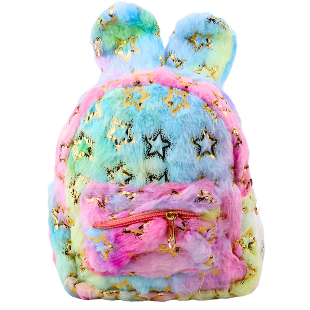 Mochila de Peluche Infantil Orelhas e Estrelas Douradas Multicolor 24cm