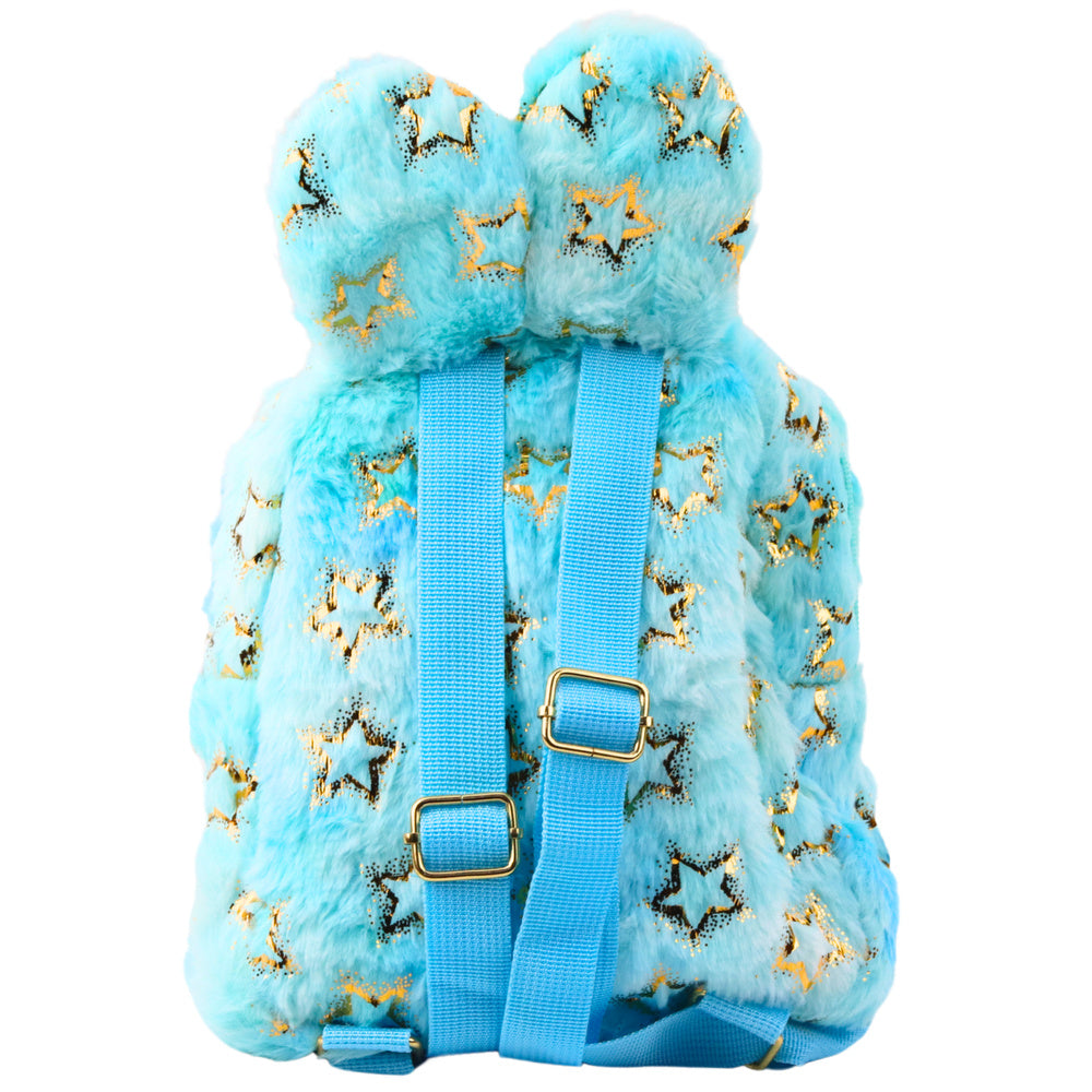 Mochila de Peluche Infantil Orelhas e Estrelas Douradas Azul 24cm