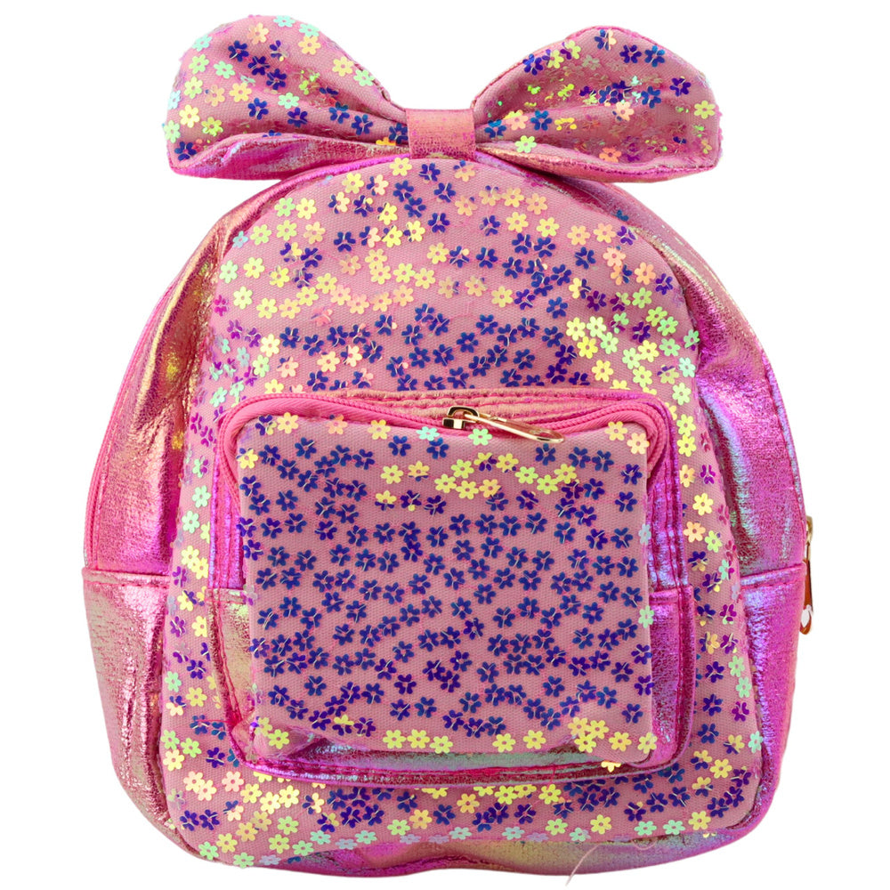 Mochila Infantil Lantejoulas Flores e Laço Rosa 22cm 2,8L