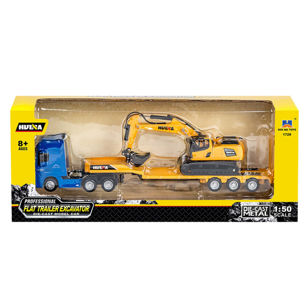 Camião Reboque com Escavadora Metálica Huina Amarelo 1:50