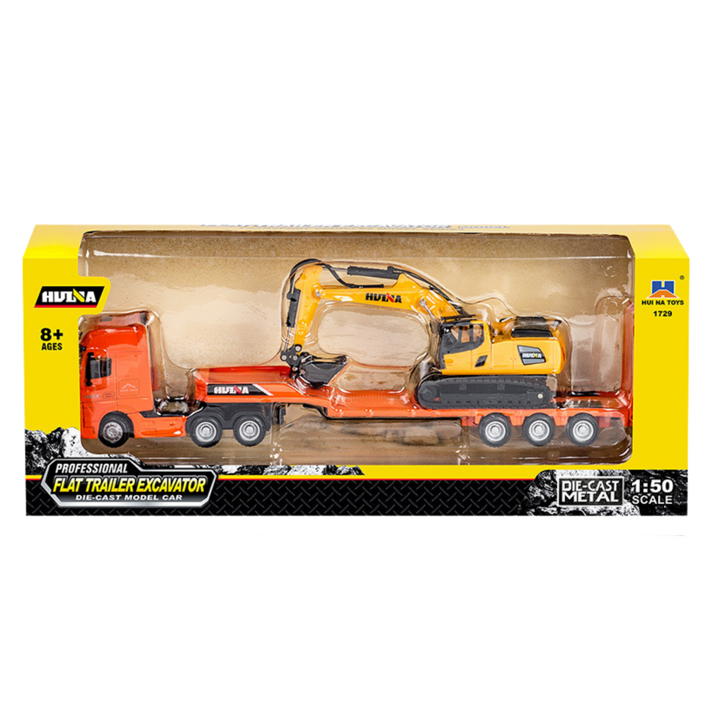 Camião Reboque com Escavadora Metálica Huina Laranja 1:50