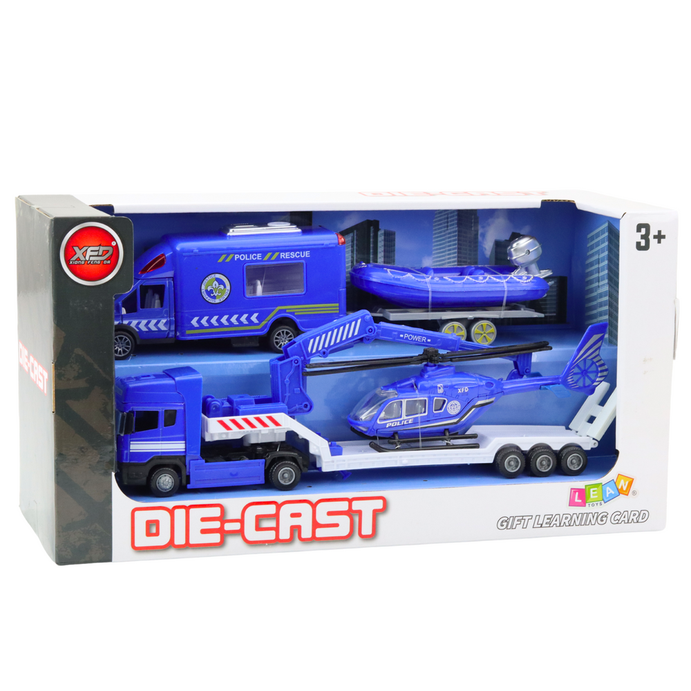 Conjunto Polícia Resgate Barco Camião Helicóptero Azul