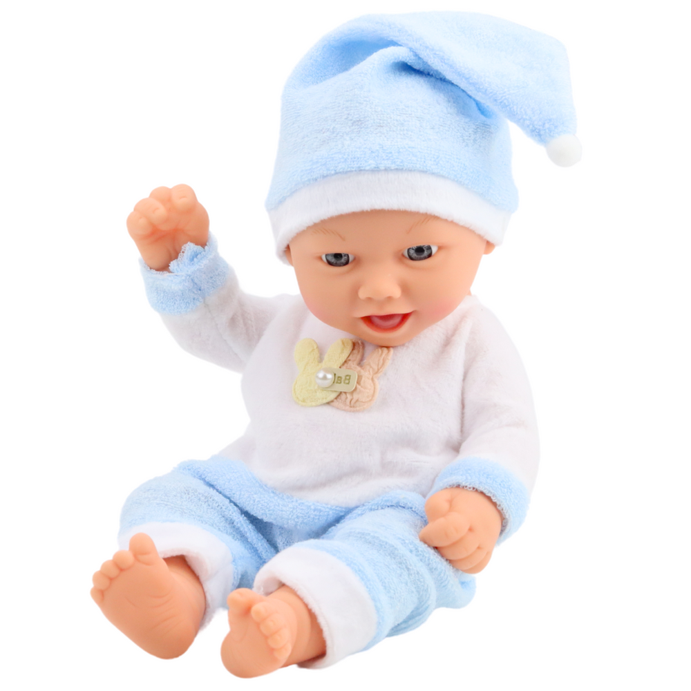 Boneca Bebé Pijama Azul com Gorro Pompom
