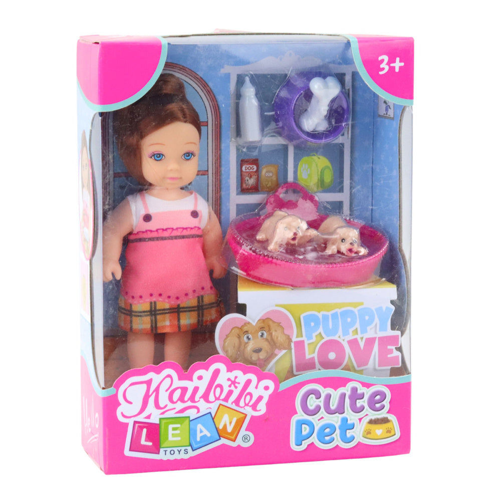 Mini Boneca com 2 Cachorrinhos Cama Taça e Biberão