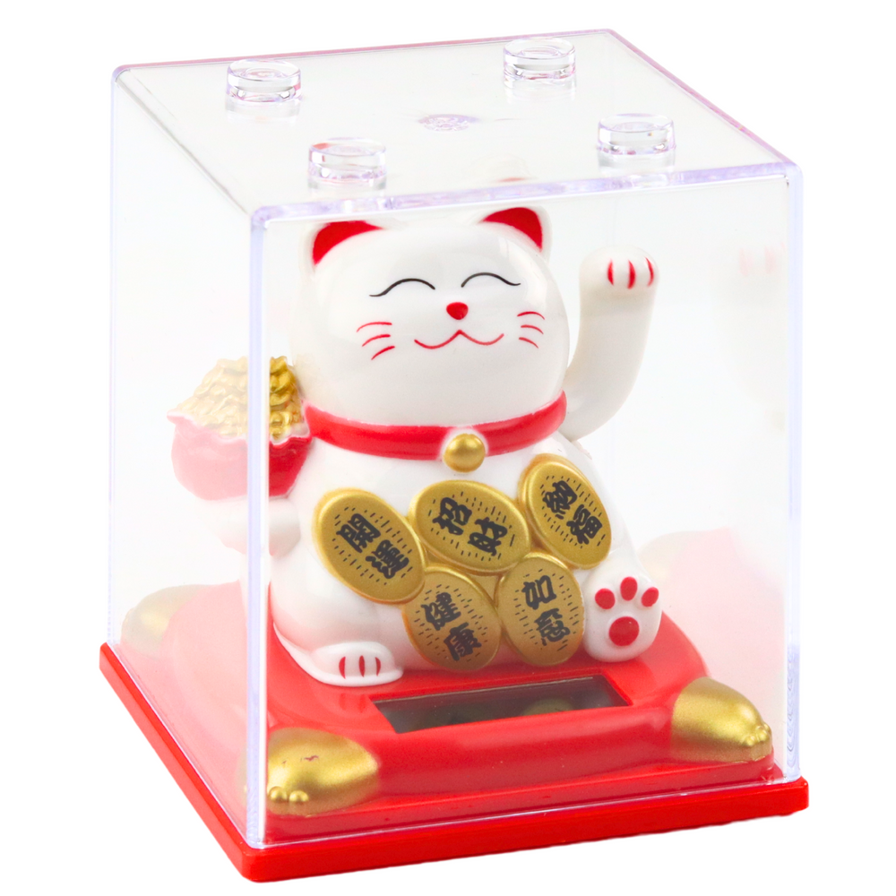 Gato Chinês da Sorte Solar em Vitrine Branco