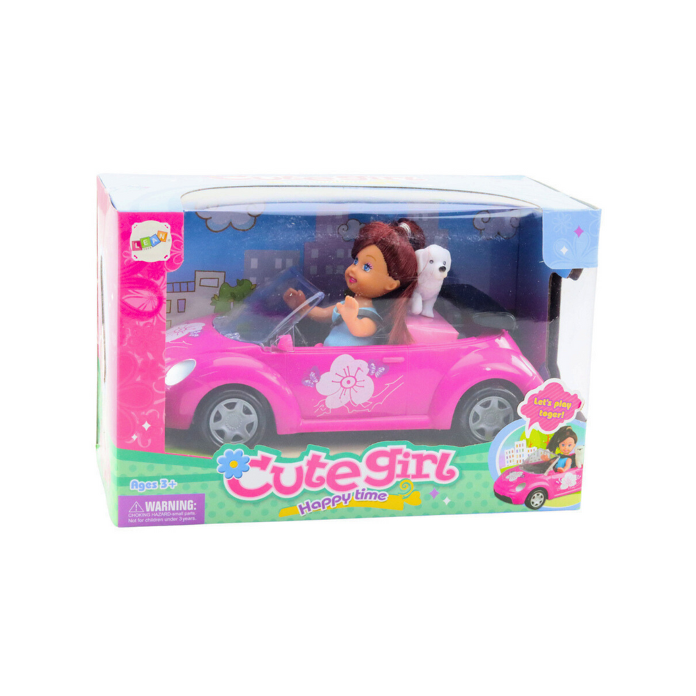 Conjunto Mini Boneca com Carro Cabriolet e Cão