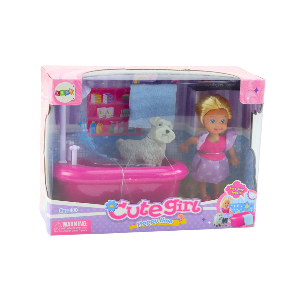 Conjunto Mini Boneca com Banheira e Cão Branco Rosa